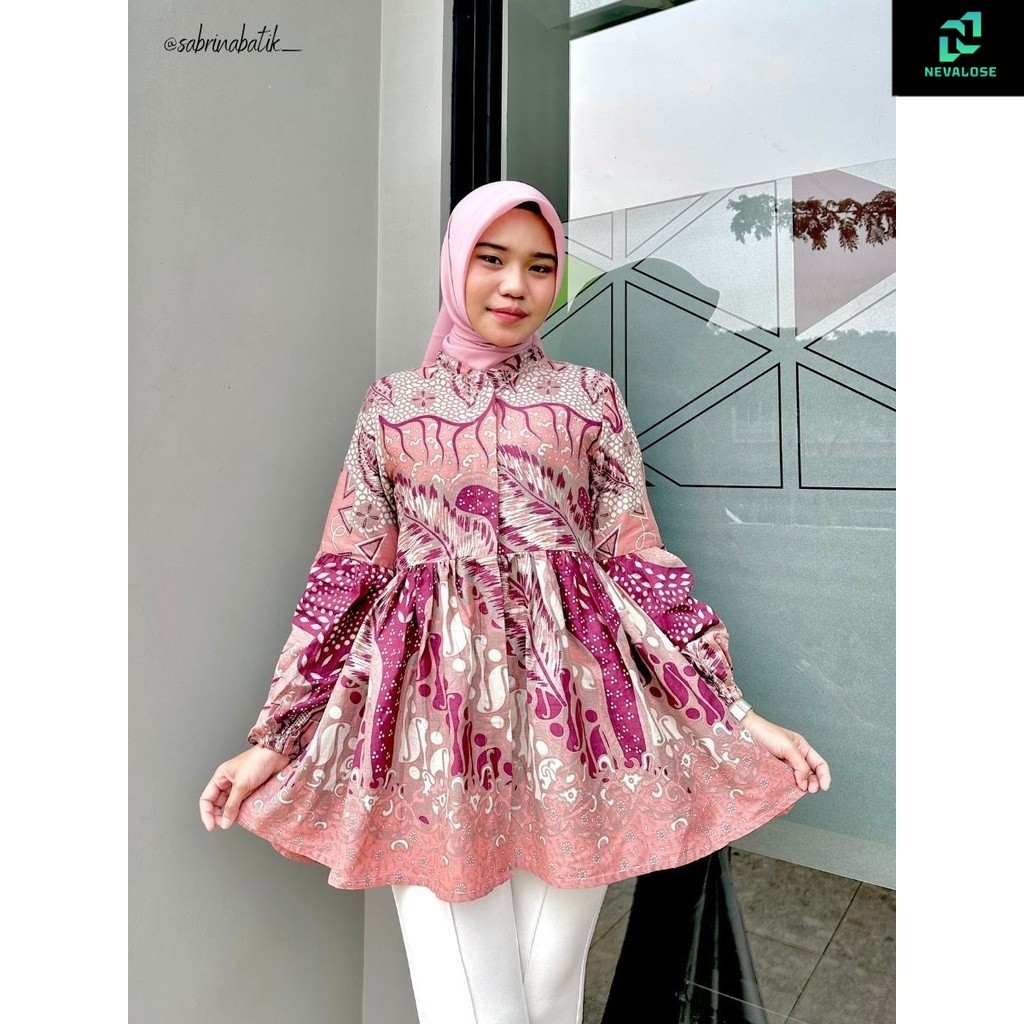 Chaya Blouse Atasan Batik Kerja Kantor Wanita Modis Modern Kekinian Soft Pink Katun Tangan Balon Bus