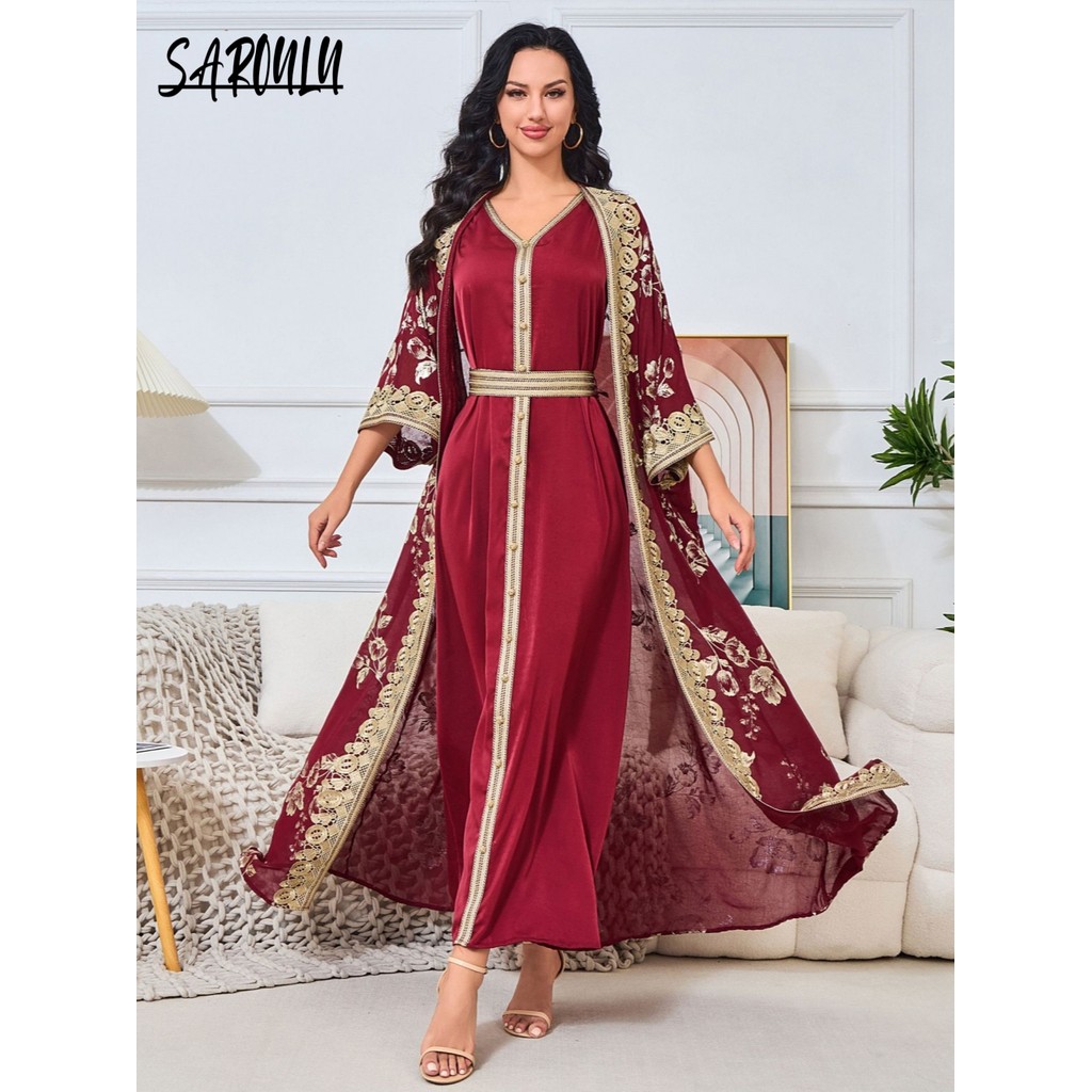 Luxurious Gilng 2-pieces Evening Dress Red Muslim Dubai Robe Elegant Formal Banquet Prom Customized 