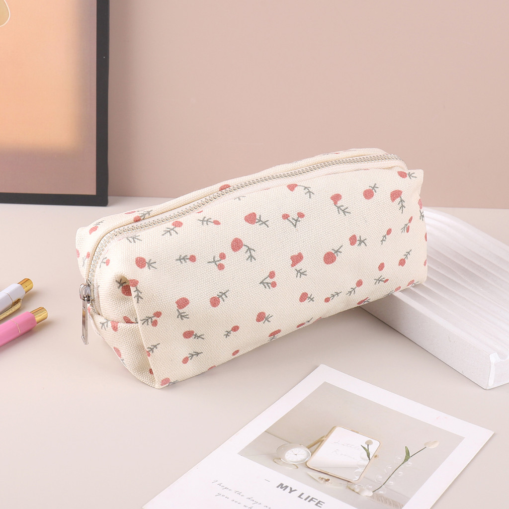 

1pc exquisite canvas pencil case, fresh small floral pattern pencil case and desk storage bag, essential school supplies