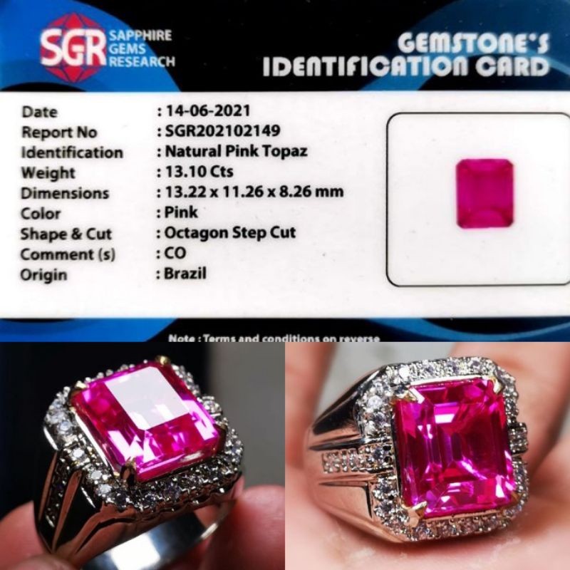 Batu Permata Cincin Pink Topaz Brazil Octagon Super Quality Top Luster + Memo SGR LAB Asli