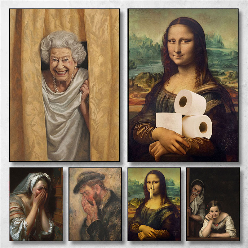 

Queen Elizabeth Mona Lisa Painting Bathroom Art Funny Humor Poster Vintage Toilet Humor Classical Restroom Decor Amusing Canvas