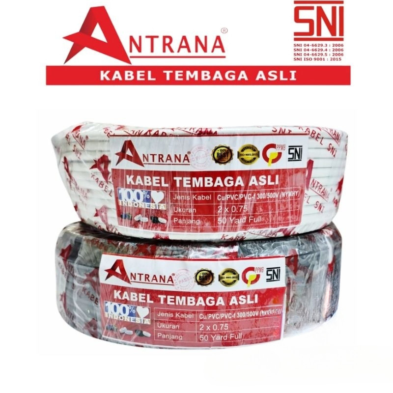 KABEL LISTRIK ANTRANA KABEL SERABUT NYM 2x0.75mm 2 X 0.75 2x0,75 mm KABEL NYM TEMBAGA 50 YARD SNI