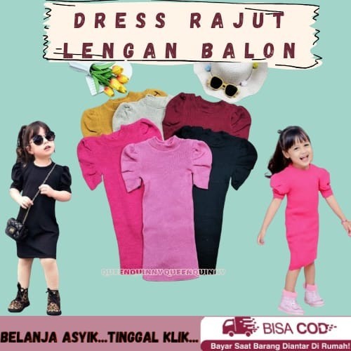 QQC Dres rajut lengan balon / Baju Rajut Anak / Dress Rajut Anak Lengan Balon / Baju Harian Anak / F