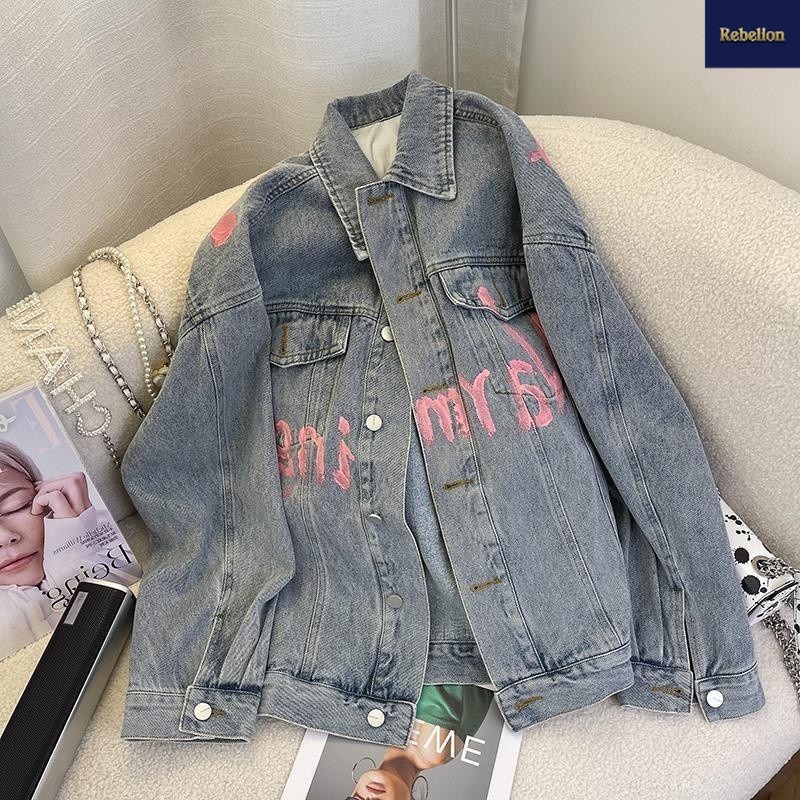 25OCLOCK - Lettering Print Graffiti Denim Jacket