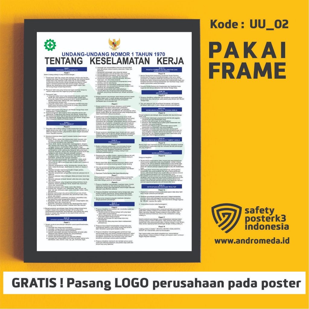 Safety Poster K3 UU No 1 Tahun 1970 Tentang Keselamatan Kerja_Biru + Frame