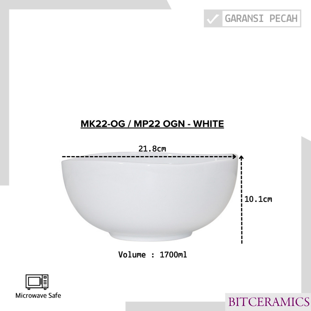 Mangkok Saji Keramik 21.8CM (1PCS) Putih Polos By Indo Keramik / Mangkok Besar Keramik / MP22-OGN