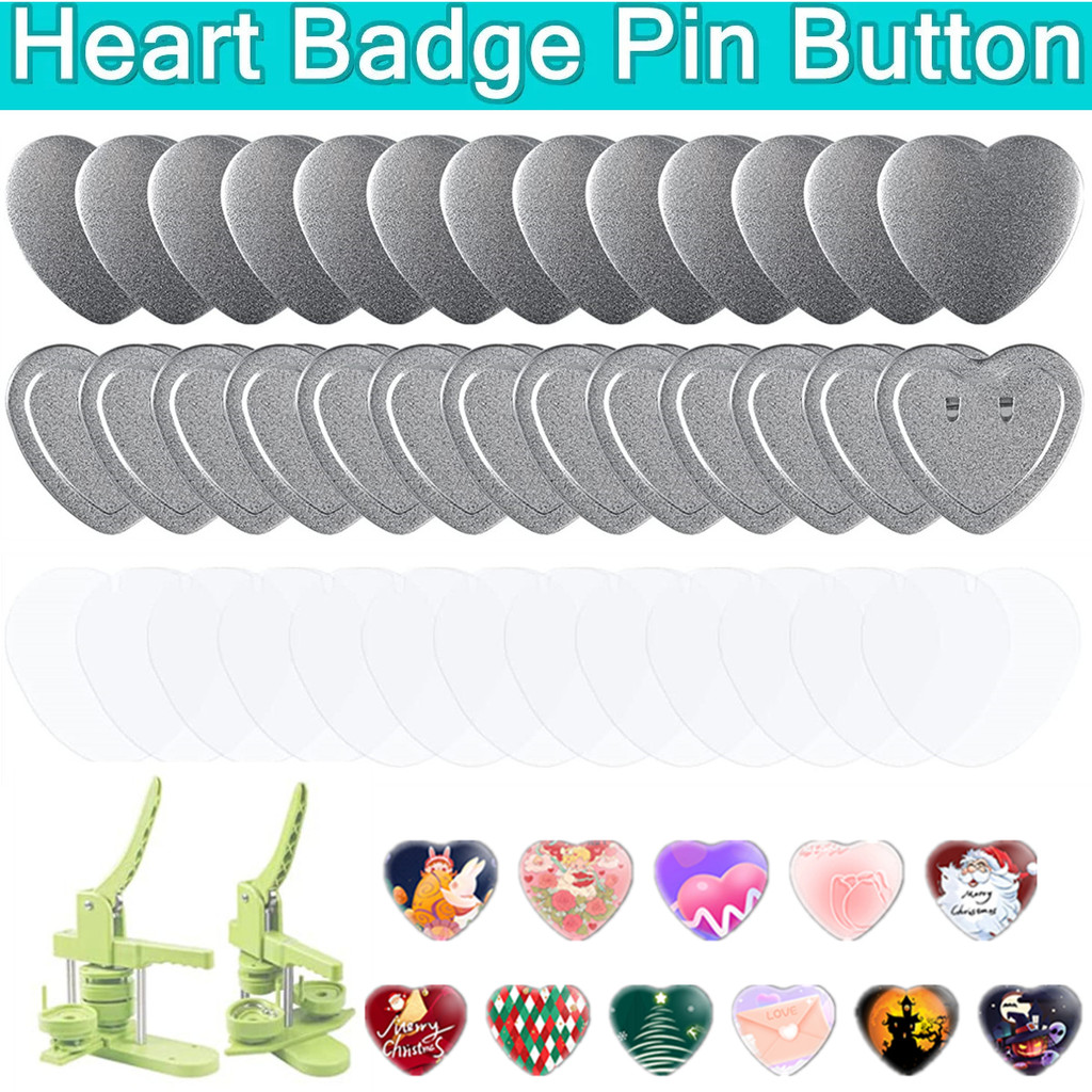 

57MM Heart-Shaped Pin Button Maker Parts,Include 50-100Sets of Heart-Shaped Metal Cover Button Back Cover Clear Film&Blank Paper