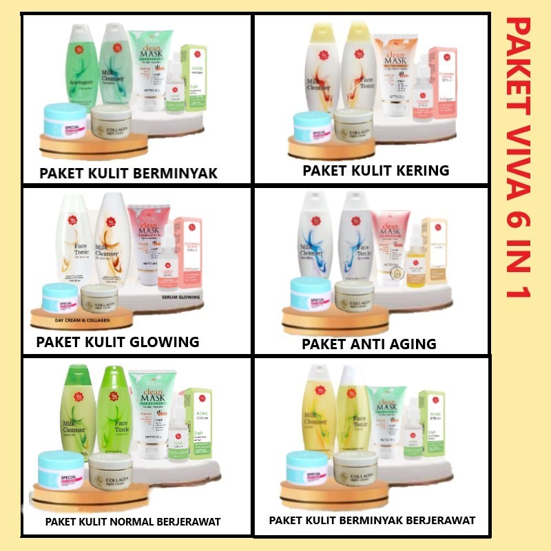 PAKET VIVA 6 in 1 Paket perawatan untuk Kulit Kering / Kulit Berjerawat / Kulit Berminyak / Kulit Gl