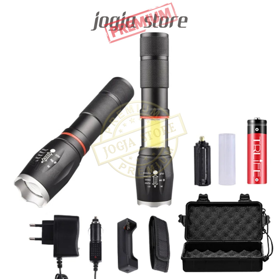 Paket Senter LED TaffLED E17 Tactical XML T6 8000 Lumens COB Tactical Flashlight with Box + Charger 