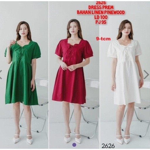 dress midi linen merah hijau putih 9-tcm 2626