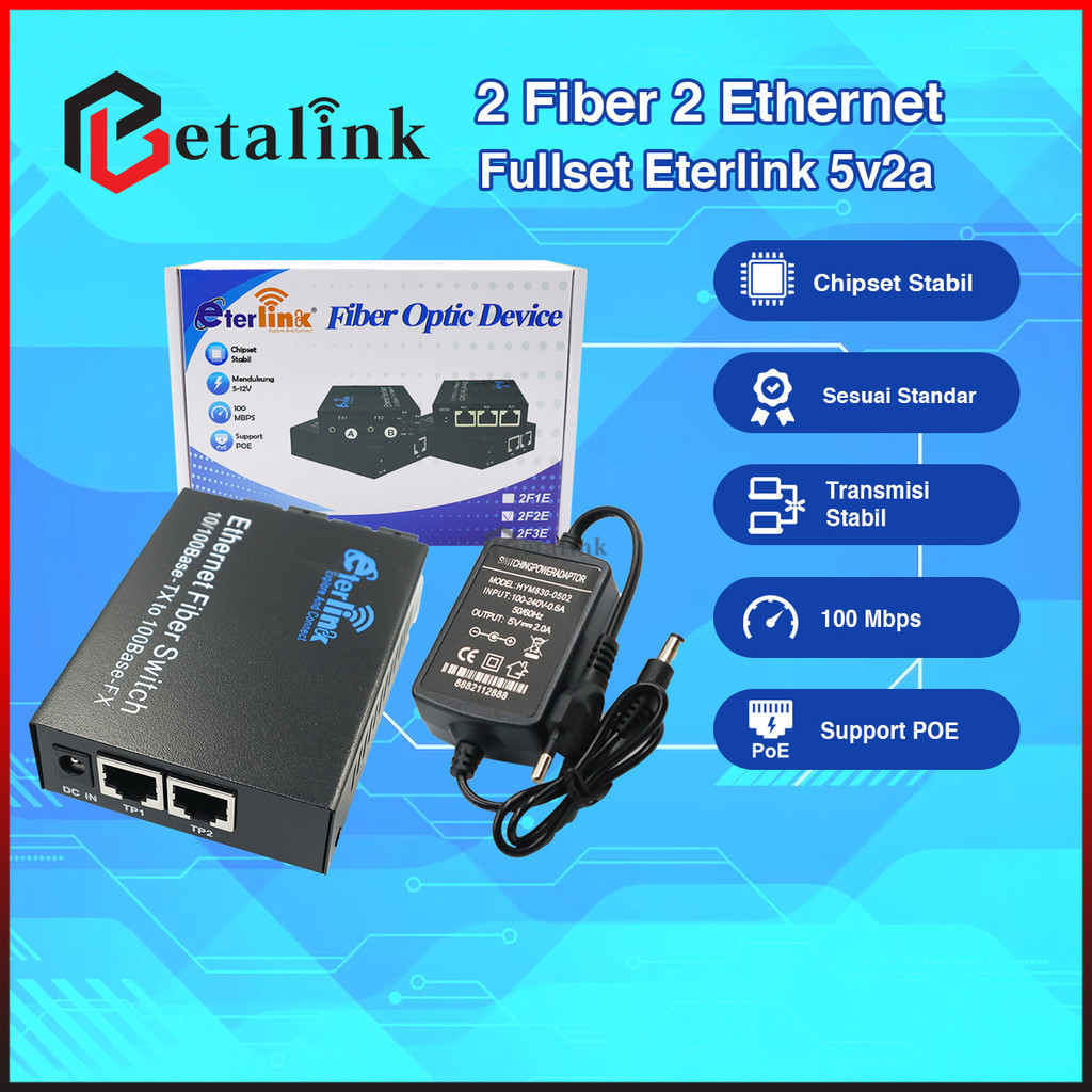 TERLARIS [SUPPORT POE] Media Converter 2 Fiber 2 Ethernet Eterlink Fullset 100MBPS