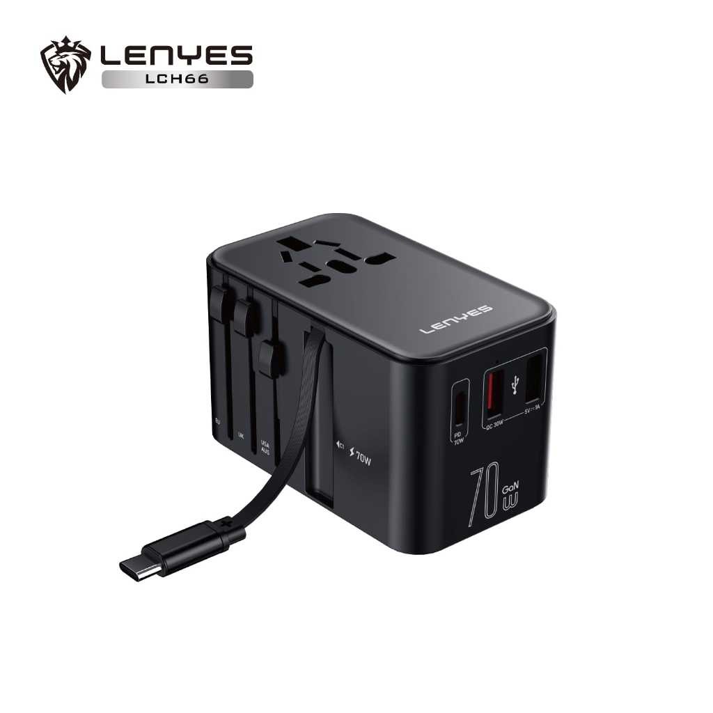 Adaptor International LENYES LCH66 70W GaN Universal Travel Charger Dual Port USB + Type C Fast Charging Built In Cable Type C