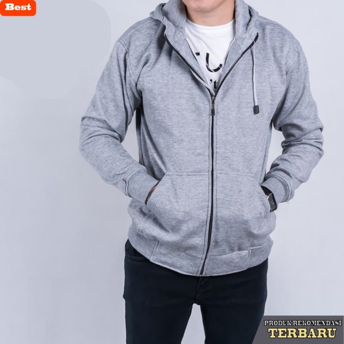 hoodie pria keren JAKET POLOS PRIA COWOK HOODIE SLETING ABU MUDA KEREN CASUAL - Abu-abu, M
