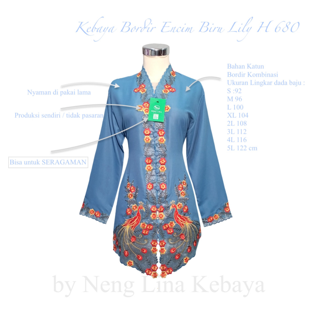 Kebaya Jumbo Encim Biru Denim Bordir Lily H 680 - Neng Lina Kebaya