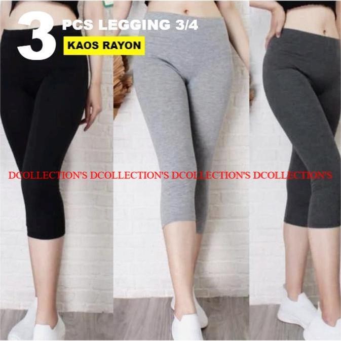 PAKET 3 PCS Legging Kaos 3/4 Wanita - Celana Legging Kaos Polos 3/4 - Celana Legging Kaos Stretch Ra