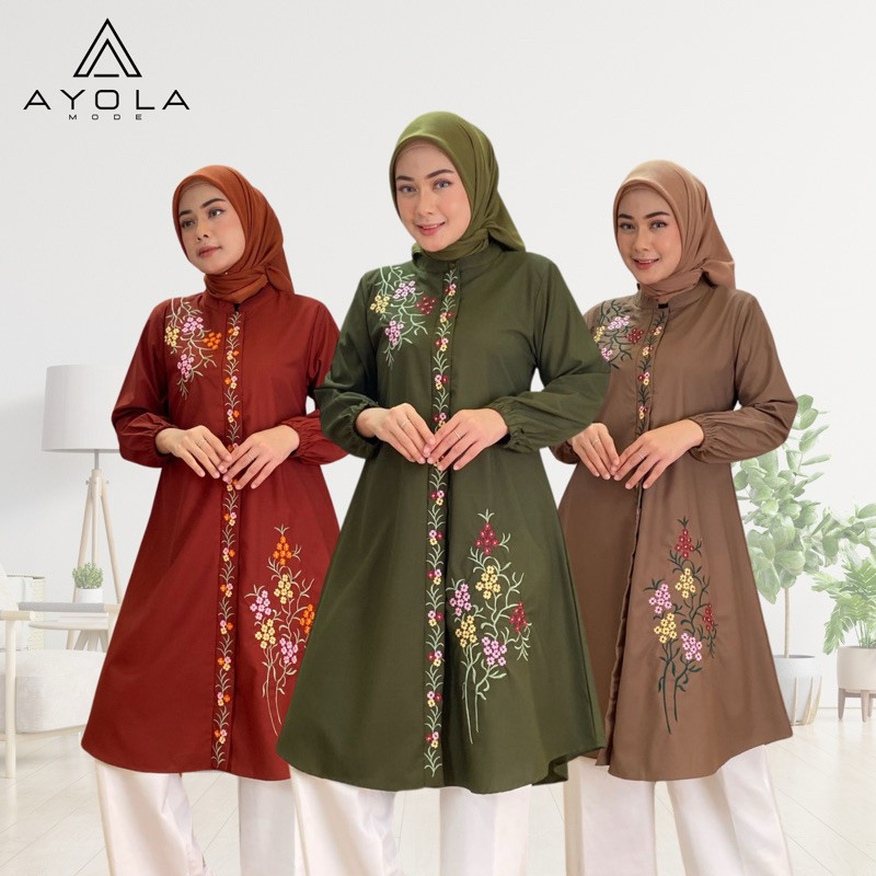 Ayola Mode•Tunik Wanita Motif Bordir Bunga Katun Toyobo Fodu Premium Terbaru
