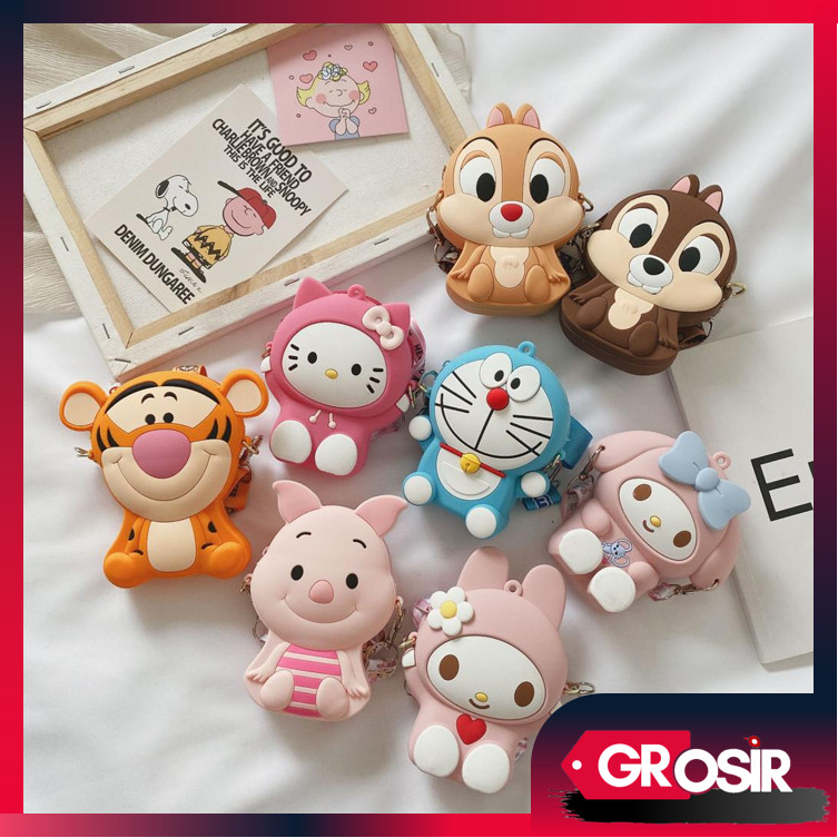 Grosir - T5081 Tas Selempang Anak / Sling Bag / Tas Anak Jelly Rubber Karakter / Tas Mini Karakter