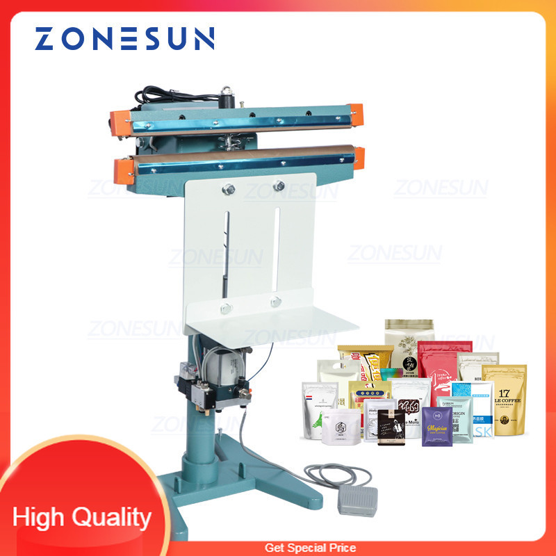 

THE BEST ZONESUN Pneumatic Foot Pedal Heat Sealing Machine Dry/Wet Aluminum Foil Plastic Bag Heating Sealer Food Beverage Machinery