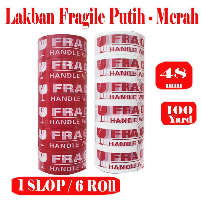 

1 Slop / 6 Roll Lakban Fragile Putih - Merah Uk 48 mm x 100 Yard -MPI