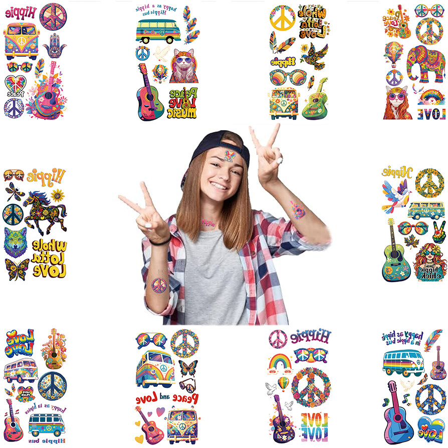

10PCS Hippie Peace and Love Waterproof Tattoos Set Rainbow Face Stickers Body Artattoos Temporary Sticker