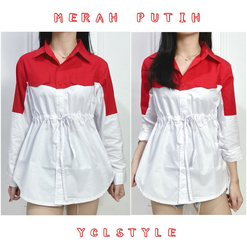 NANTARSHOP CLARYN - KEMEJA MERAH PUTIH SERUT PINGGANG KATUN PREMIUM | kemeja wanita