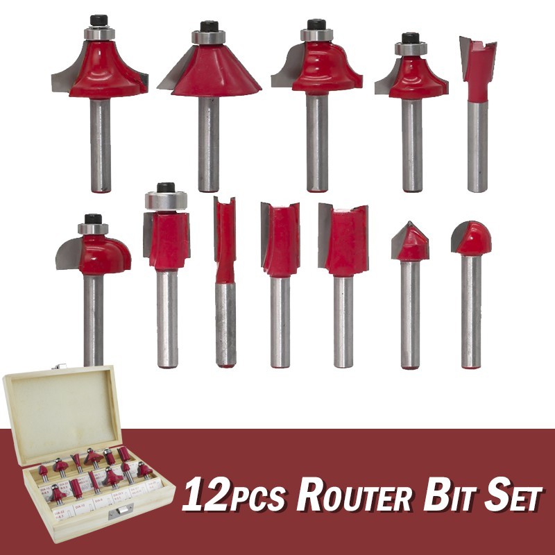 Suksestech Router Bit Set 12 Pcs Mata Mesin Profil  1/4 Box Kayu Lengkap 270401