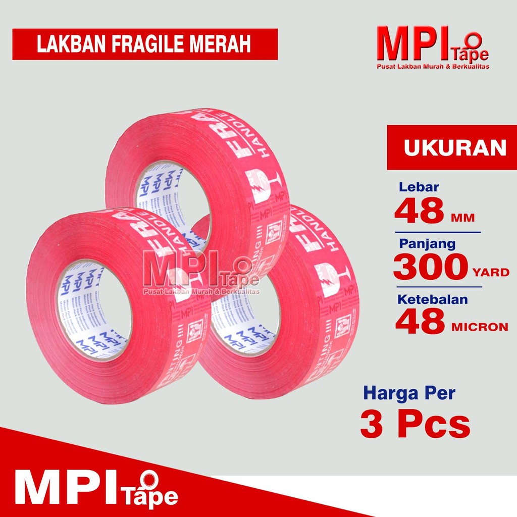 

3 PCS - Lakban Fragile Merah 48 mm x 300 Yard - Lakban Jangan Di Banting - MPI