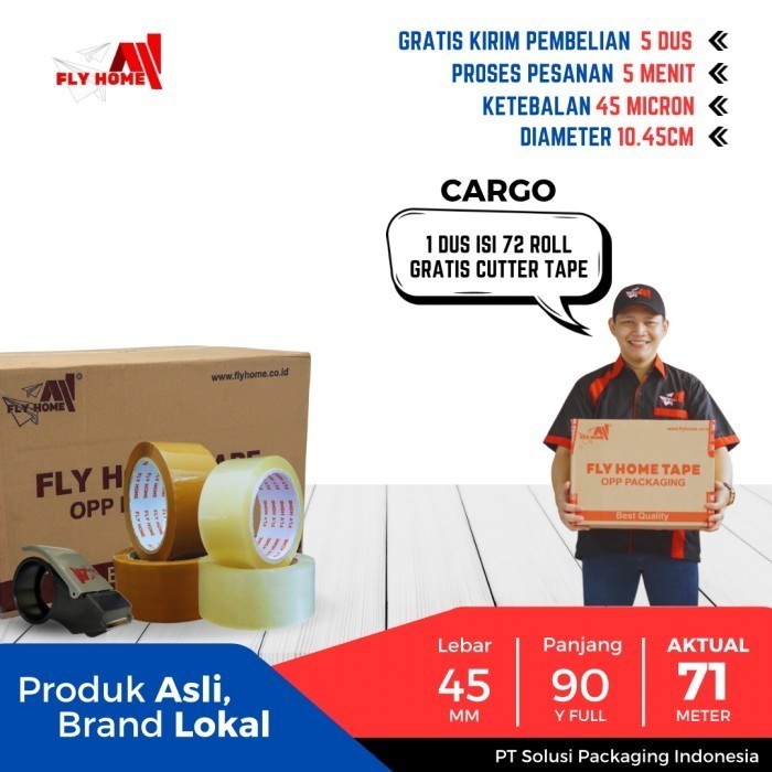 

FLYHOME Lakban bening coklat 2inci 90yard 1dus 45x90 yard 72roll ukuran FULL CARGO