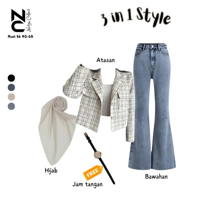 Style Kekinian One set 3in1(celana jeans cutbray+blazer wanita premium+hijab bella square) NC031 - 3