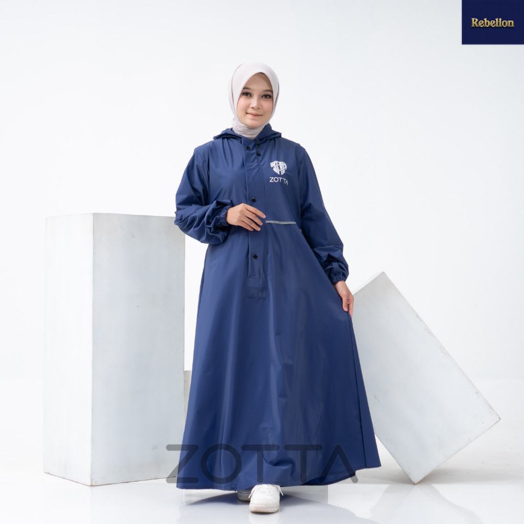 ZOTTA Jas Hujan Gamis Wanita Muslimah Warna Biru Navy Bahan Tebal Anti Rembes