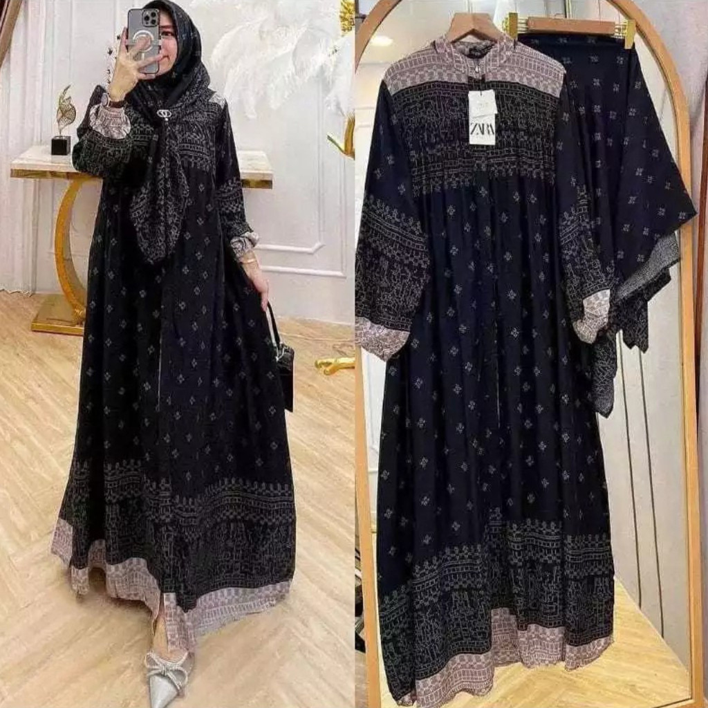 Setelan Gamis Hijab Rayon Diamond | Set Gamis Hijab Muslimah | Baju Muslim Wanita Rayon Motif Busui 