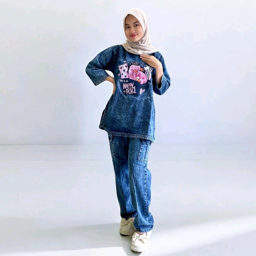 BAJU GAMIS JEANS DENIM MODEL SETELAN CELANA DRESS MOTIF SABLON GAMBAR WOMAN SLEEP BLUE SANDWASH WANI