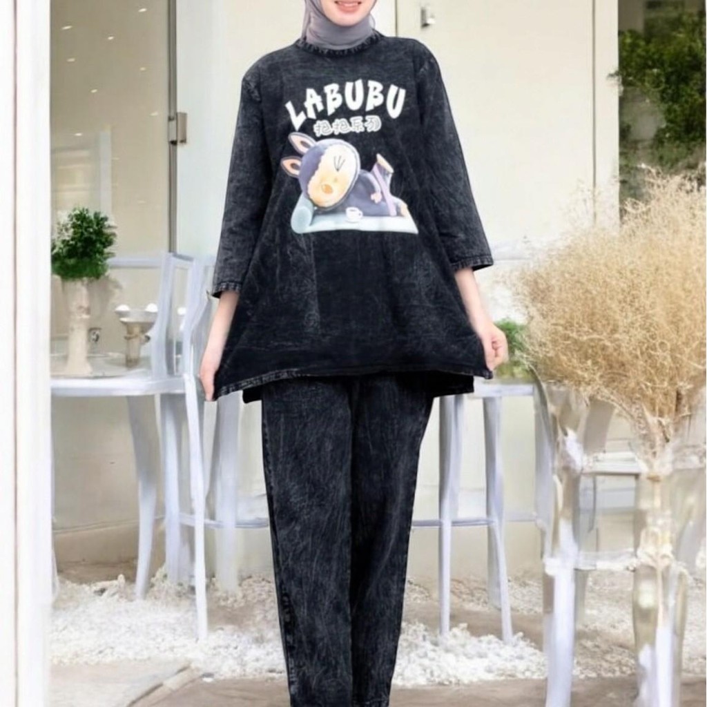 Baju Gamis Casual Wanita Dewasa Model Setelan Dress Labubu Santuy Viral Terlaris Jeans Denim Black S