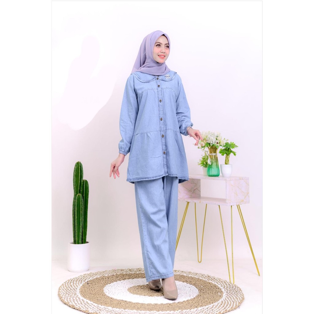 BAJU Gamis CASUAL WANITA DEWASA MODEL SETELAN DRESS JEANS DENIM BIRU LANGIT Nyaman Santai Celana Pan