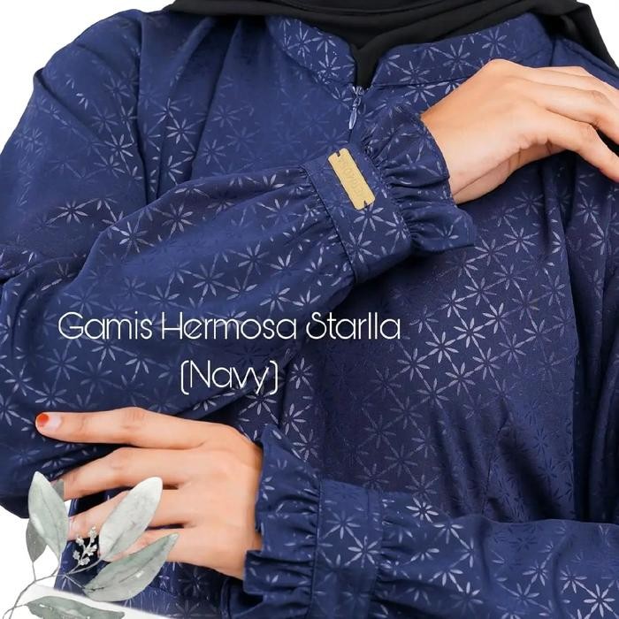 [Gamis hermosa]Gamis hermosa embos motif starla warna navy biru dongker-gamis syari navy busui premi