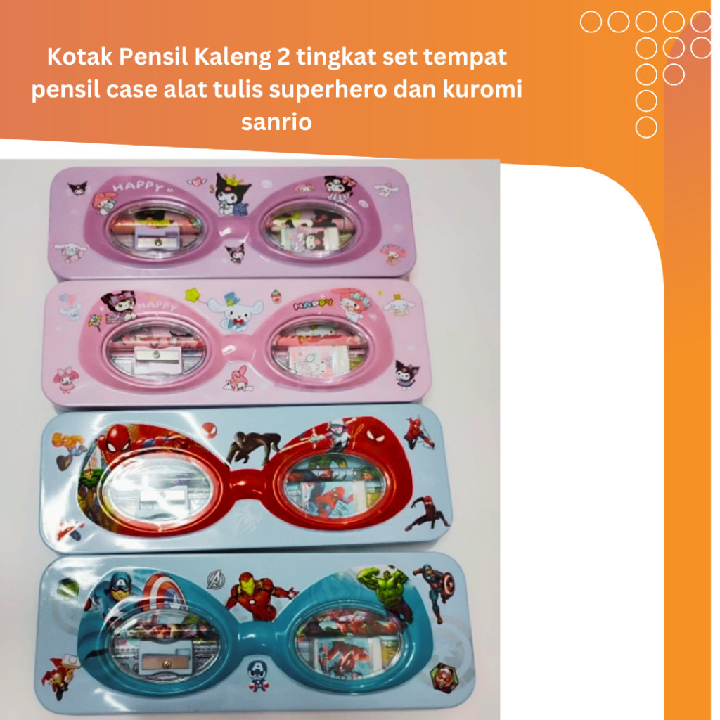 

Kotak Pensil Kaleng 2 tingkat Free Alat Tulis / Tempat Pensil Case Alat Tulis Motif SANRIO / SUPERHERO/ SPIDERMAN