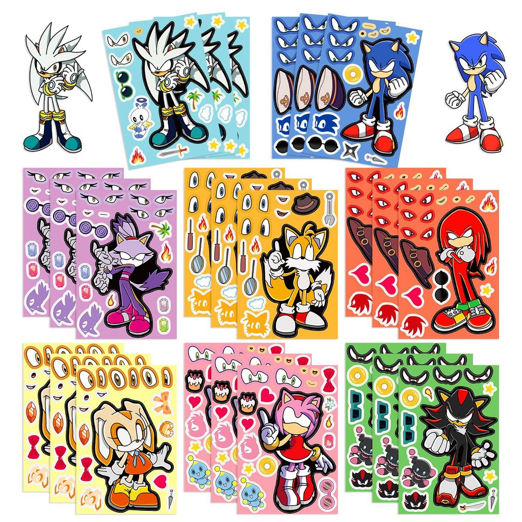 

8 Sheets Sonic The Hedgehog Puzzle Stickers Anime Cartoon Kawaii Make A Face Book Stickers Cute DIY Sticker Laptop Toy Kids Gift