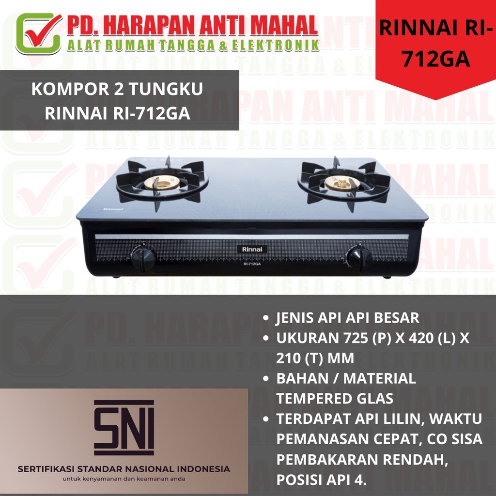 KOMPOR RINNAI RI-712GA/ KOMPOR 2 TUNGKU RINNAI RI-712GA/ KOMPOR KACA RINNAI RI-712GA/ KOMPOR 2 API R