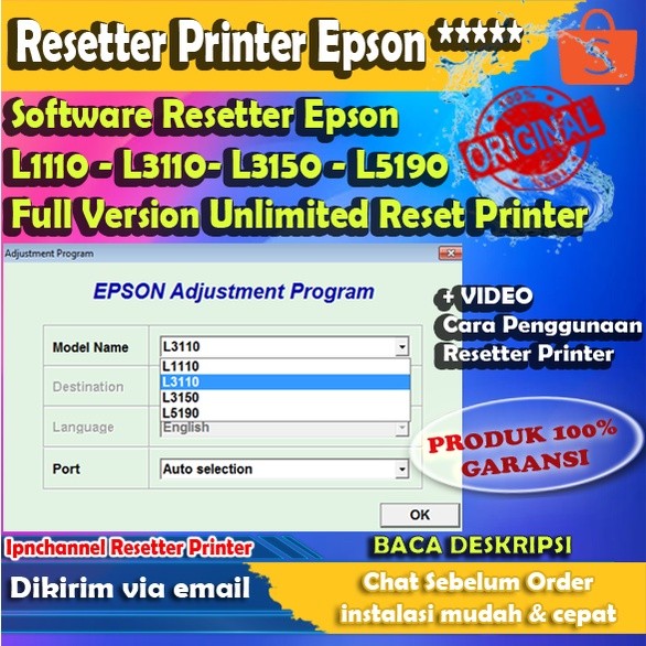 RESETTER Epson L1110 - L3110 - L3150 - L5190 Unlimited Reset + Video Cara Reset Printer