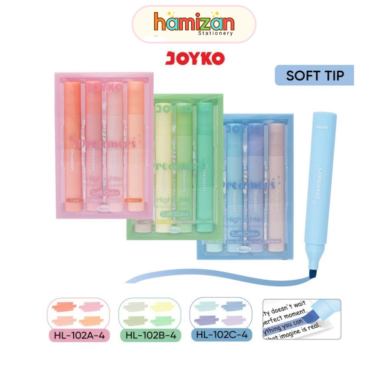 

( 1 set = 4 pcs ) HL-102A-4 Joyko Highlighter Soft Color / Penanda Berwarna HL-102B 4 Warna / Penanda Warna Lembut HL-102 Murah Berkualitas