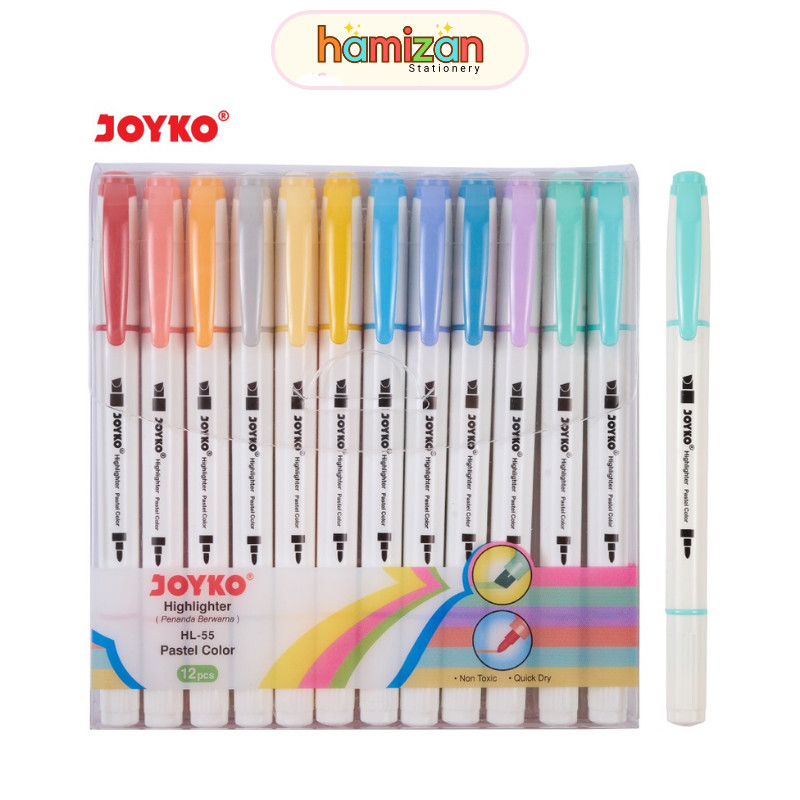 

Highlighter Penanda dan Spidol Pastel HL-55 HL55 12 Warna 2 in 1 / Highlighter Penanda Joyko HL-55 1 Set 12 Pcs Joyko Murah Berkualitas
