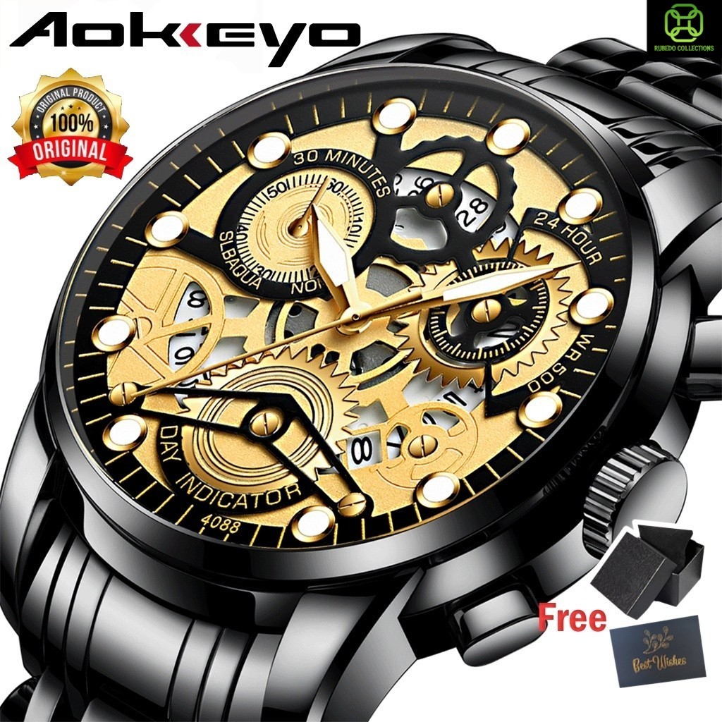 Aokeyo 4088 Jam Tangan Pria Anti Air Original Luxury Stainless Steel（Free BOX+Kartu）
