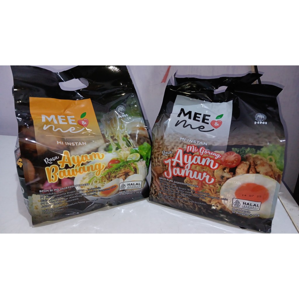 

Mee n me sehat HNI, mee n mee pouch isi 10pcs, mie instan sehat HNI, mie ayam bawang n mie ayam jamur