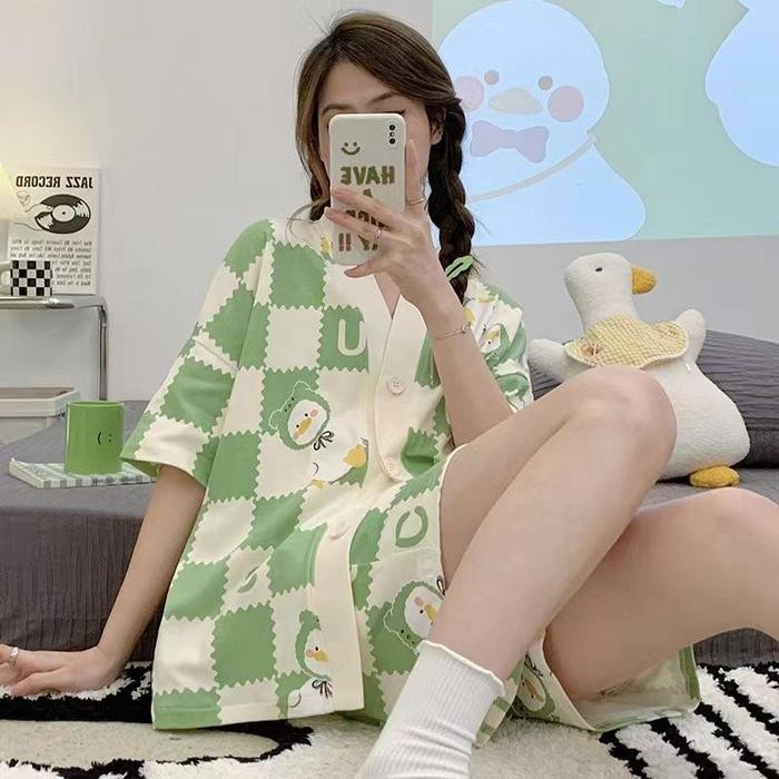 MS Baju tidur wanita dewasa set piyama jumbo model korean style terbaru kekinian full kancing bahan 