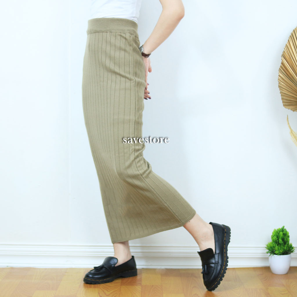 DHOLISHOP.ID Rok Span Rajut Midi Panjang • Rok Midi Panjang • Rok Rajut Midi Panjang Motif Garis Gar