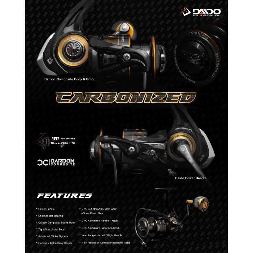 REEL DAIDO CARBONIZED UKURAN 800 SAMPAI 6000 POWER HANDLE - 800