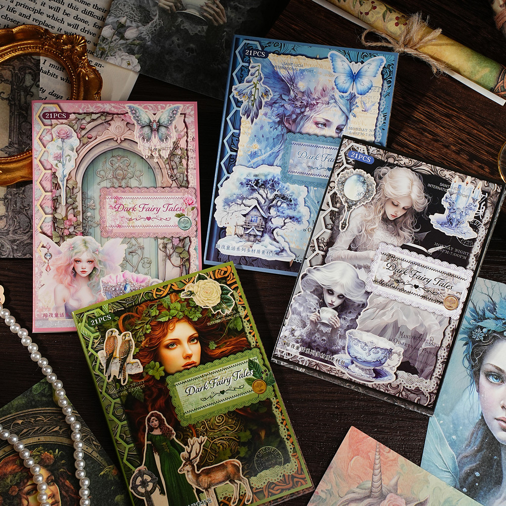 

4Style 21Pcs/box Dark Fairy Tale Series Material Pack DIY Handbook Bookmark Scrapbook Photo Frame Calendar Card Envelope Journal