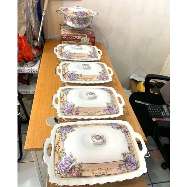 VICENZA Prasmanan Set 4 Segi + 1 Bulat Wadah Saji Makanan Keramik Food Warmer