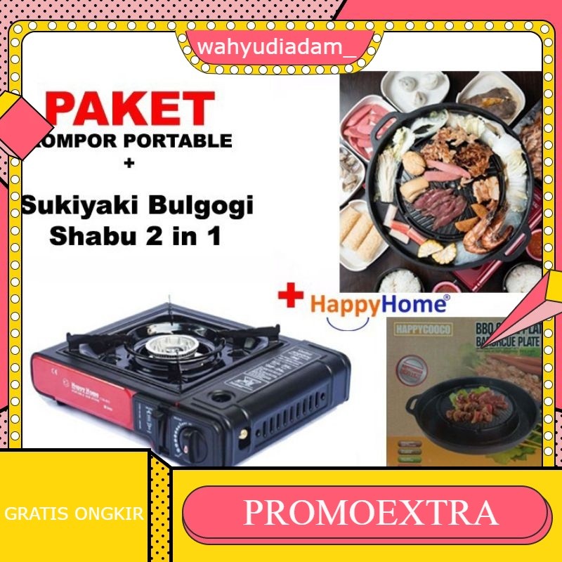 PAKET korean grill 2 in 1 dan kompor portable / bulgogi pan sukiyaki 2 in 1 mookata / panggangan BBQ