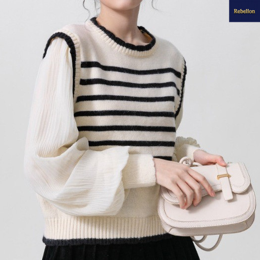 LADY COLLECTION - Atasan Rajut Wanita Lengan Balon Panjang Putih - Knitwear Tangan D28